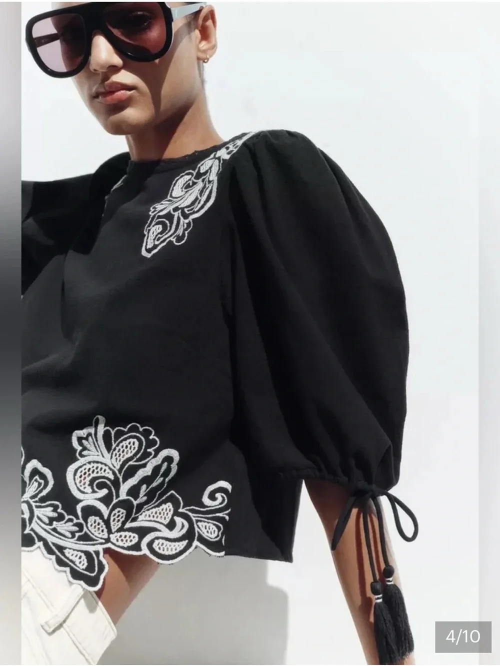 Zara Black Puff-Sleeve Top with White Floral Embroidery